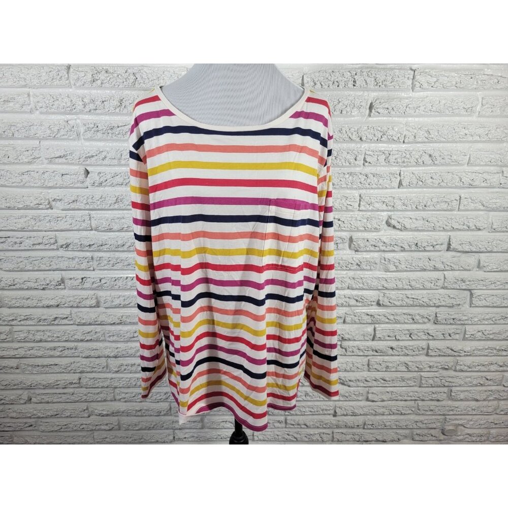 St Johns Bay Womens Top 2X Plus Long Sleeve Red Yellow Stripe Cotton Blend D9E
